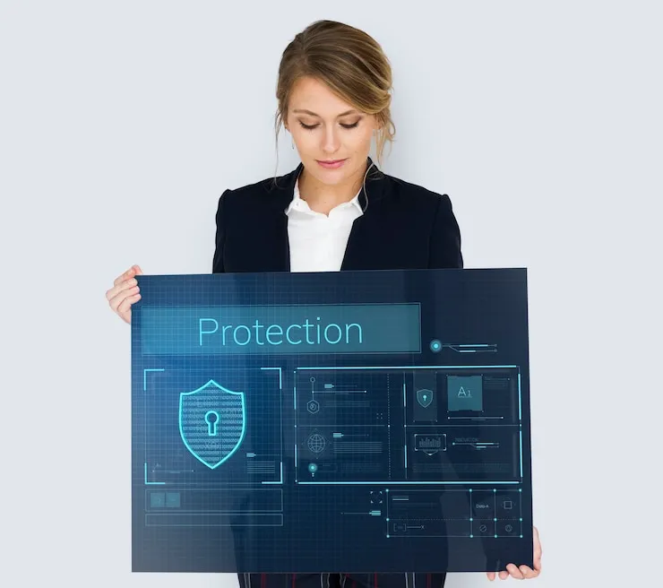 woman holding network graphic ov
